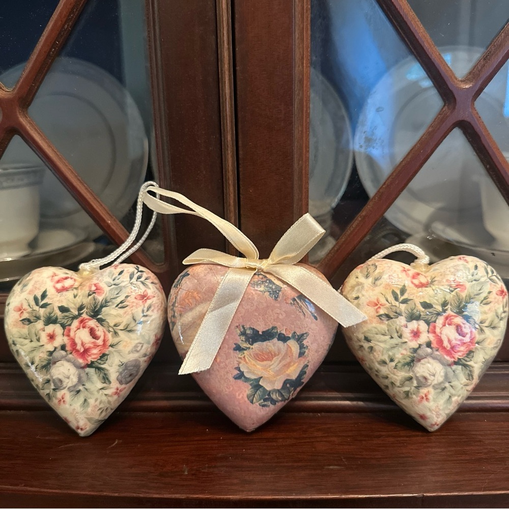 Vintage Handmade Floral Heart Ornaments Set